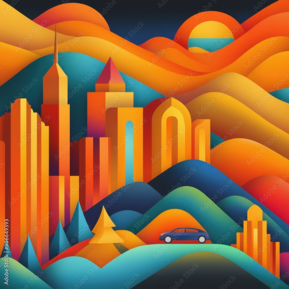 Vibrant cityscape at sunset with rolling hills and a classic car