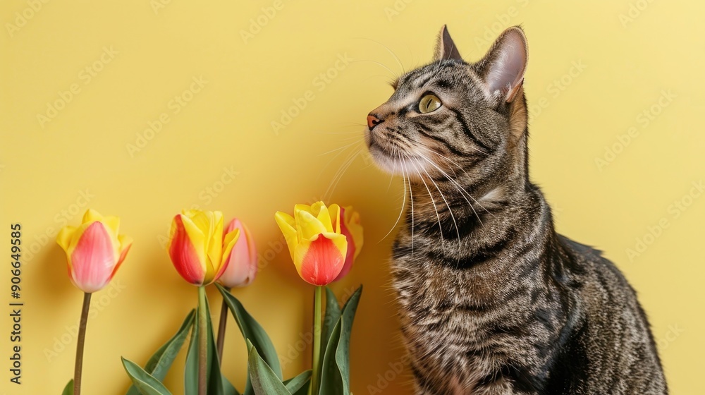 Amusing cat with tulips on pale yellow backdrop Room for text Amusing cat with tulips on pale yellow backdrop Room for text