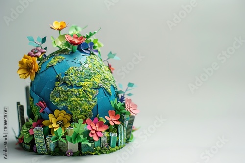 Globe in bright spring forest flowers. The picture, symbolizing the protection of the environment.