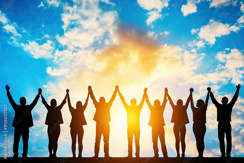 Fototapeta premium Silhouettes of group people men and women standing in celebration their victory at sunset