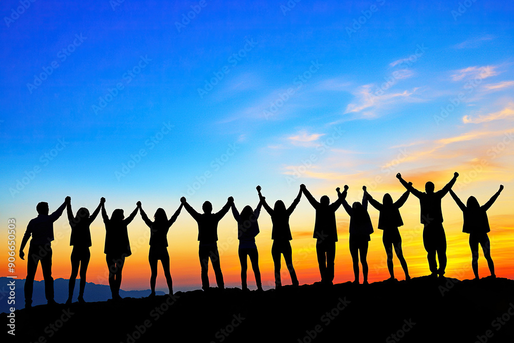 Silhouettes of group people men and women standing in celebration their victory at sunset Silhouettes of group people men and women standing in celebration their victory at sunset