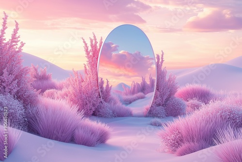 Surreal landscape of pink and purple desert vegetation with a large mirror reflecting a sunset sky.