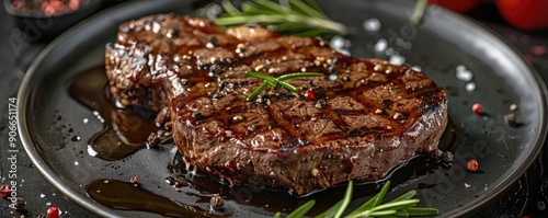 A beautifully cooked steak on a black plate, garnished with herbs and drizzled with sauce, perfect for food photography.