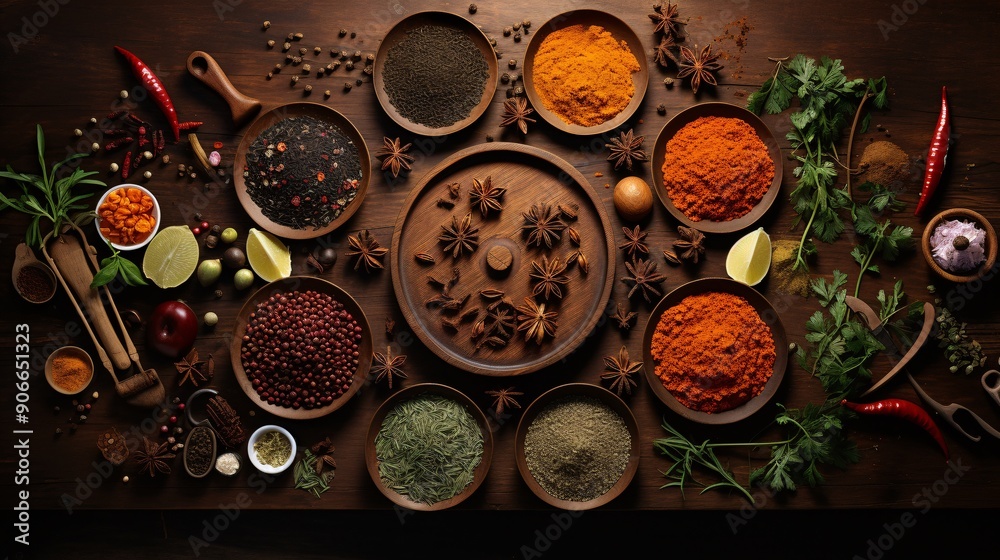 A top view of a wooden table with an array of spices and cooking utensils A top view of a wooden table with an array of spices and cooking utensils