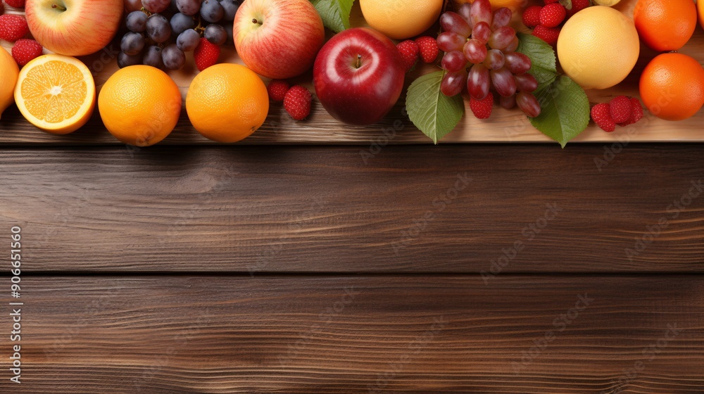 A top view of a wooden table with a breakfast bowl of cereal and fruit A top view of a wooden table with a breakfast bowl of cereal and fruit