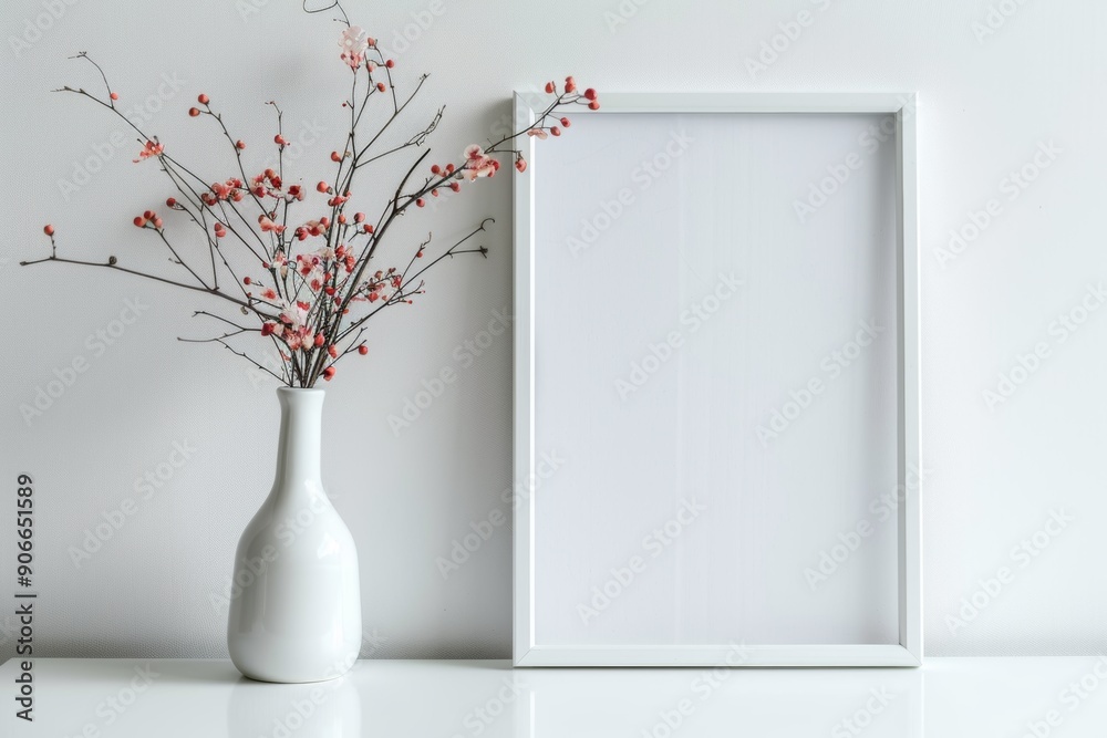 Simple minimalistic art with a white frame and vase containing a floral arrangement on a white background. Generated AI Simple minimalistic art with a white frame and vase containing a floral arrangement on a white background. Generated AI