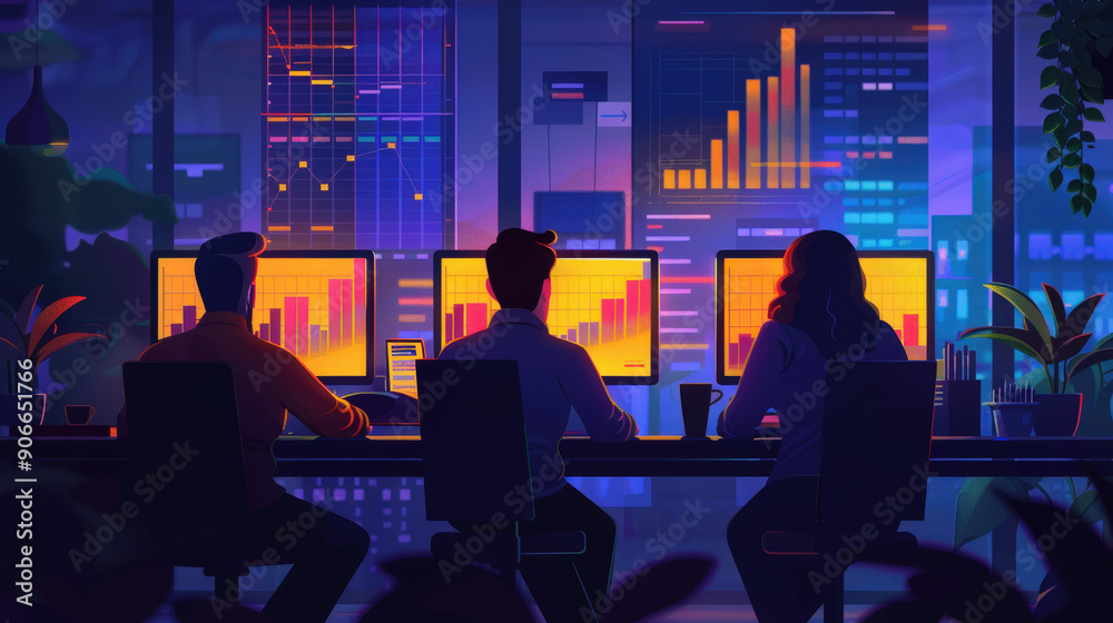 Team discussing investment strategies in a modern office, financial investment, flat illustration design. Team discussing investment strategies in a modern office, financial investment, flat illustration design.