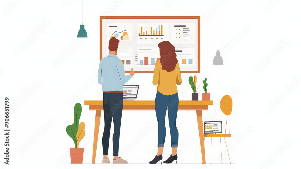 Investor reviewing a portfolio with a financial advisor, financial investment, flat illustration design. Investor reviewing a portfolio with a financial advisor, financial investment, flat illustration design.