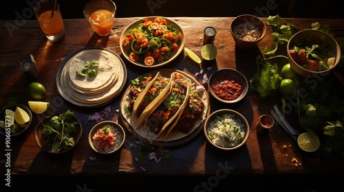 A top view of a wooden table with a taco spread and margaritas