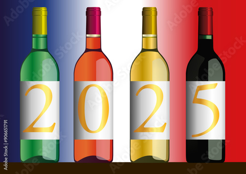 Présentation originale du millésime 2025 avec l’année inscrite sur quatre bouteilles de vins de Bordeaux de différentes couleurs.