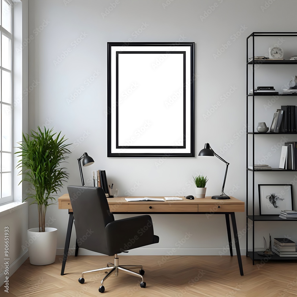 Fototapeta premium Office with Empty Art Frame Mockup