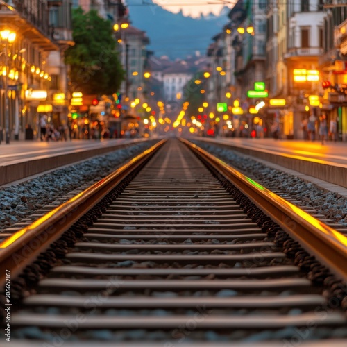 Golden hour glow on urban train tracks in a vibrant city