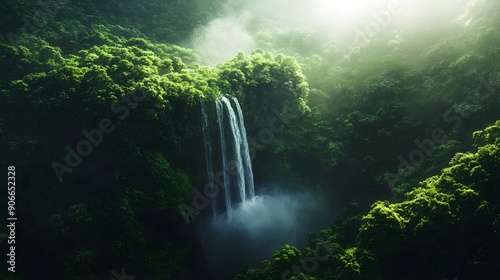 Majestic waterfall, lush rainforest, misty atmosphere, sunbeams piercing through canopy, vibrant green foliage, cascading water, aerial perspective, dramatic lighting, ethereal ambiance.