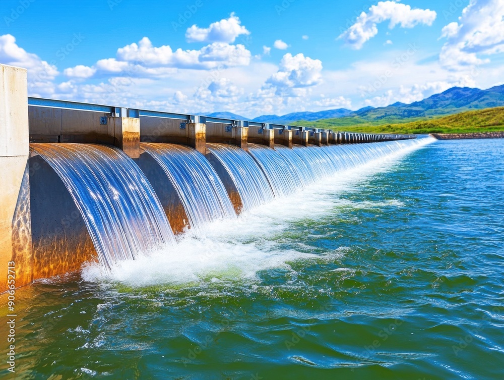 Serene water flowing over a beautiful dam under blue sky at midday Serene water flowing over a beautiful dam under blue sky at midday