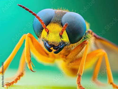 Vibrant golden bee exploring a leaf under gentle morning light photo