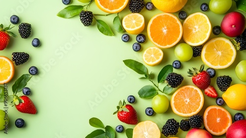 Pale green background, assorted fresh fruits, colorful fruit composition, oranges, lemons, apples, grapes, blackberries, strawberries, blueberries, green leaves, healthy food photography.