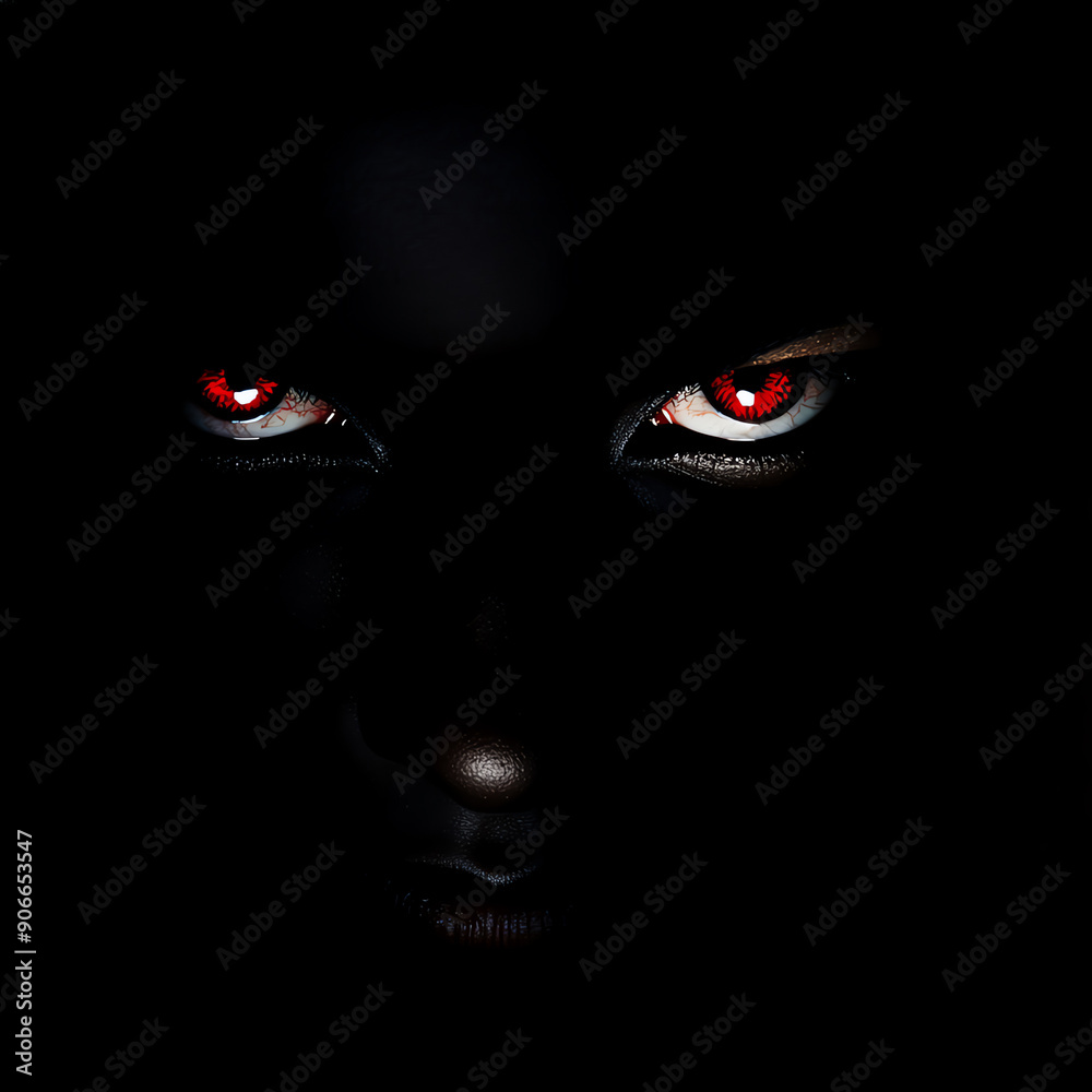 A mysterious face emerges from darkness, featuring striking red eyes that captivate and intrigue the viewer's imagination. A mysterious face emerges from darkness, featuring striking red eyes that captivate and intrigue the viewer's imagination.