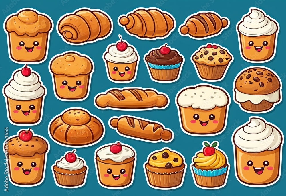 Flat Vector Bakery Icons: Croissant, Basket, Curd Bun, Muffin, Perfect for Branding Flat Vector Bakery Icons: Croissant, Basket, Curd Bun, Muffin, Perfect for Branding