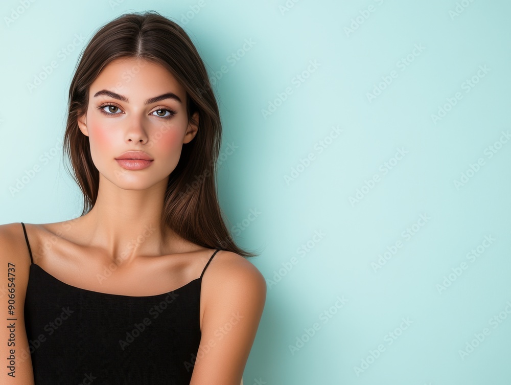 Elegant portrait of a young woman against a soft teal background in natural light Elegant portrait of a young woman against a soft teal background in natural light