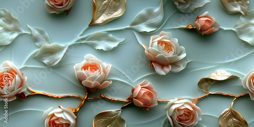 Seamless 3D White, Red, and Pink Cherry Blossom Flowers in Branches on a Light Background. Abstract Floral 3D Landscape Wall Sticker. Hd Seamless Magnolia, Frangipani, Rose Flower Wallpaper.