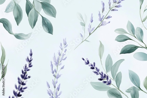 A serene floral pattern featuring lavender and green leaves, perfect for creating a calming atmosphere.