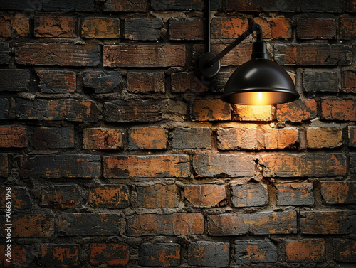 A brick wall with a light shining on it. The light is on a lamp that is hanging from the wall