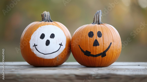 Lovable kids drawing charming ghost faces on pumpkins photo