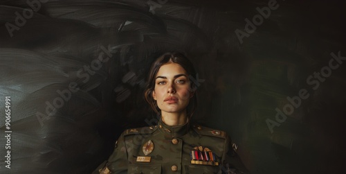 Portrait of a Woman in Military Uniform Against a Black Background.Generated image