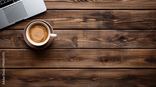 An overhead shot of a wooden table with a laptop and a cup of coffee