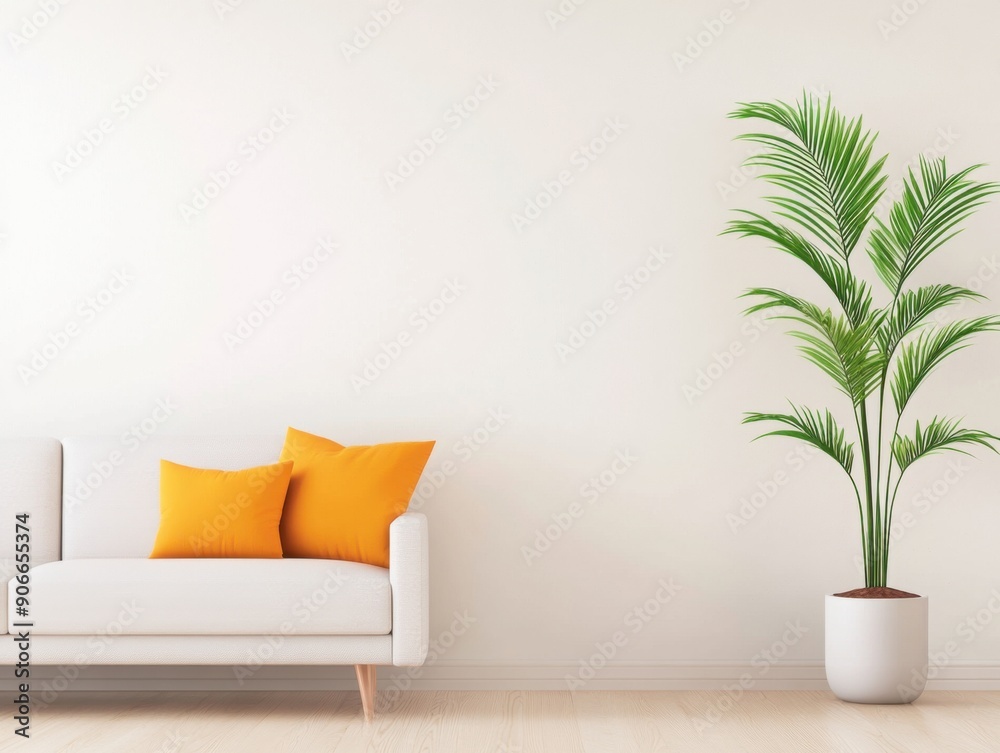Inviting interior space with modern couch and lush green plant in warm tones Inviting interior space with modern couch and lush green plant in warm tones