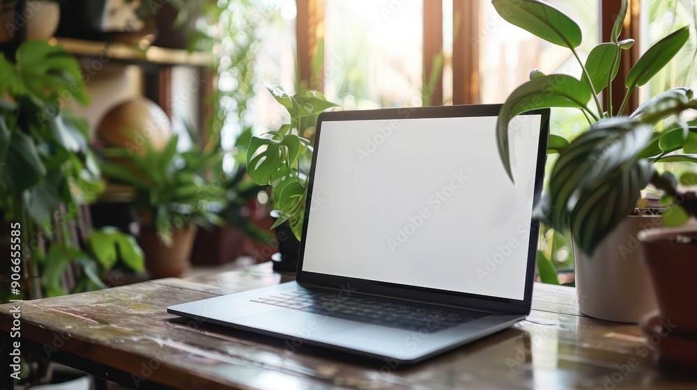 Modern Laptop on Wooden Desk Surrounded by Green Indoor Plants in Sunlit Room Modern Laptop on Wooden Desk Surrounded by Green Indoor Plants in Sunlit Room