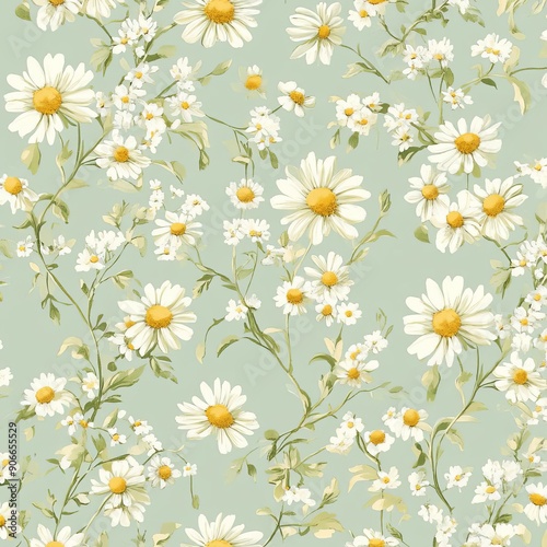 A delicate floral pattern featuring cheerful daisies and subtle blossoms on a soft green background.