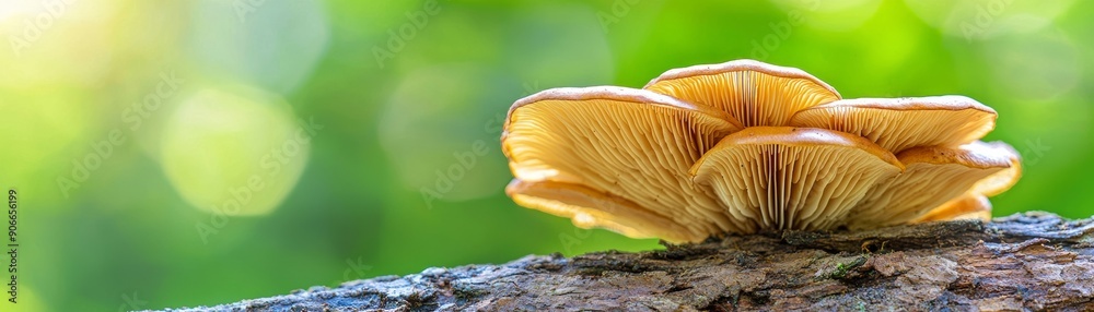A beautiful close-up of a vibrant mushroom growing on a log, showcasing nature's intricate details and rich colors in a forest setting.