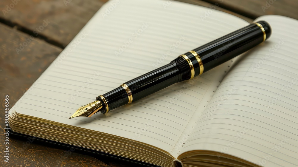 A black fountain pen with gold accents lies on an open notebook with lined pages, suggesting a moment of creative inspiration or quiet contemplation. Generative AI A black fountain pen with gold accents lies on an open notebook with lined pages, suggesting a moment of creative inspiration or quiet contemplation. Generative AI