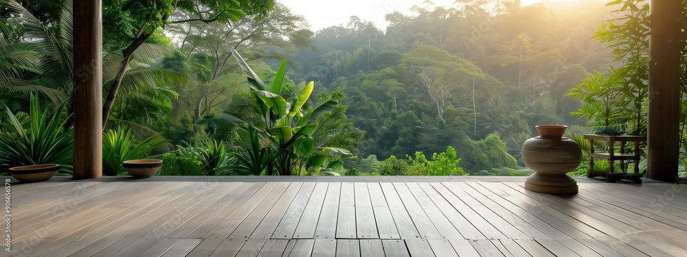 Tropical Forest Setting with 3D Blank Podium and Traditional Bali Villa Tropical Forest Setting with 3D Blank Podium and Traditional Bali Villa