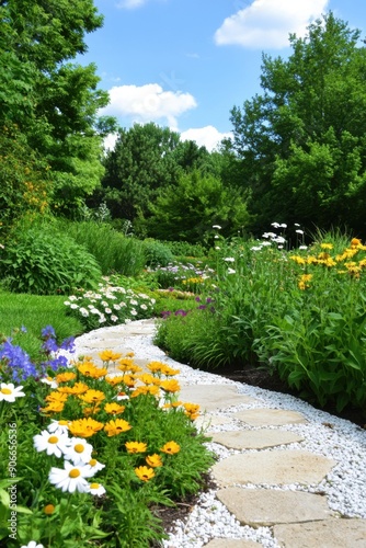 Serene garden pathway lined with vibrant blooms on a sunny spring day photo