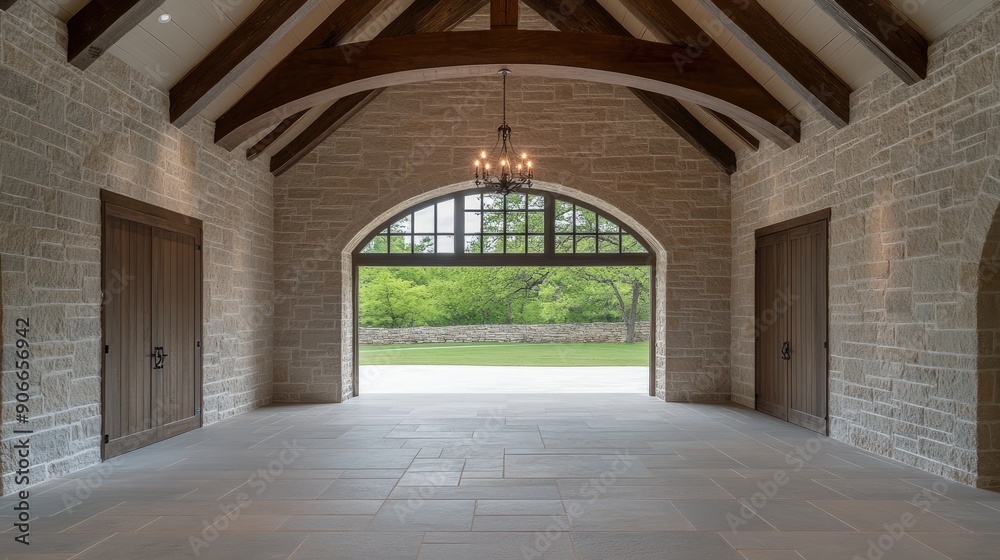 Fototapeta premium Large indoor area features a stunning view of a green garden through expansive windows, with a polished floor reflecting the architectural beauty