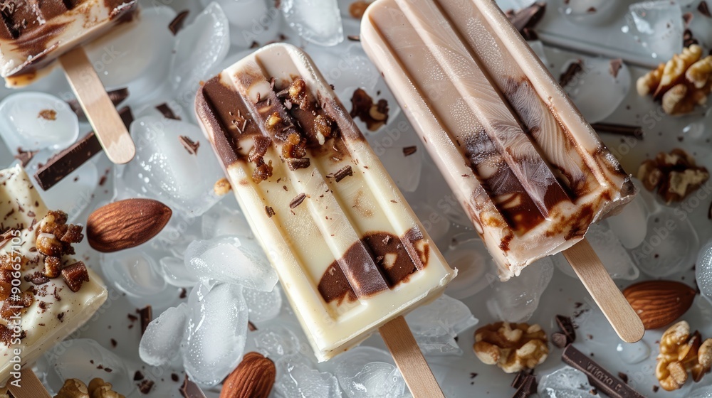 Cream brulee popsicles with milk chocolate and nuts on ice top shot Cream brulee popsicles with milk chocolate and nuts on ice top shot