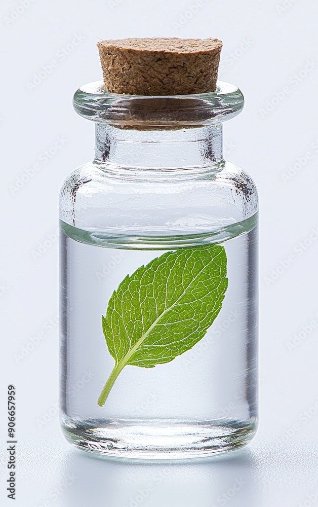 A clear glass bottle filled with water, containing a fresh green mint leaf, symbolizing purity and natural essence. A clear glass bottle filled with water, containing a fresh green mint leaf, symbolizing purity and natural essence.