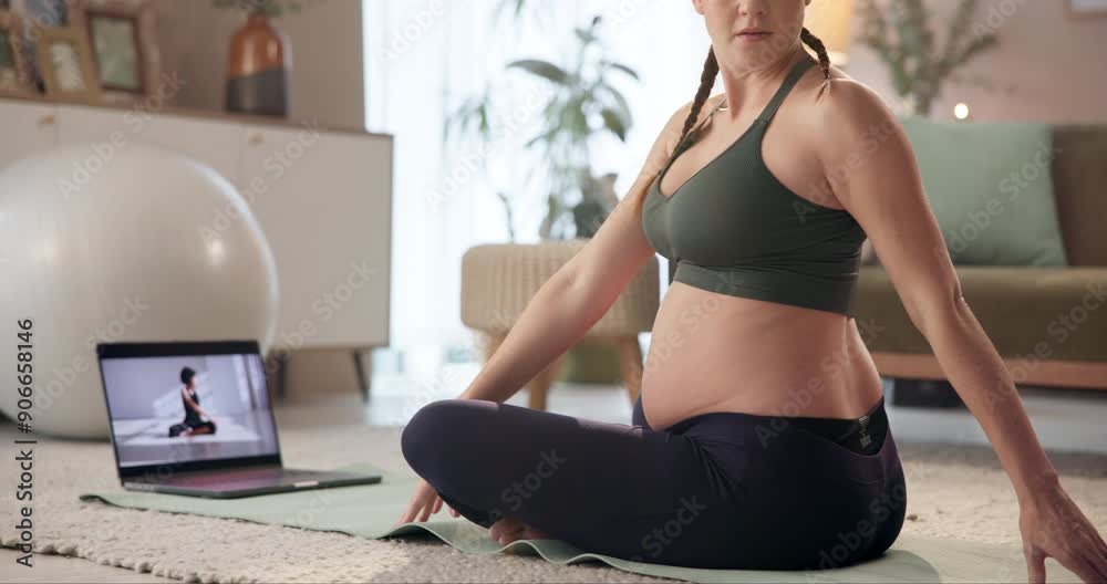 Pregnant, woman and exercise in living room, laptop and streaming of video for workout with yoga in house. Learning, stretching and subscription to pilates class, online and fitness of body in home