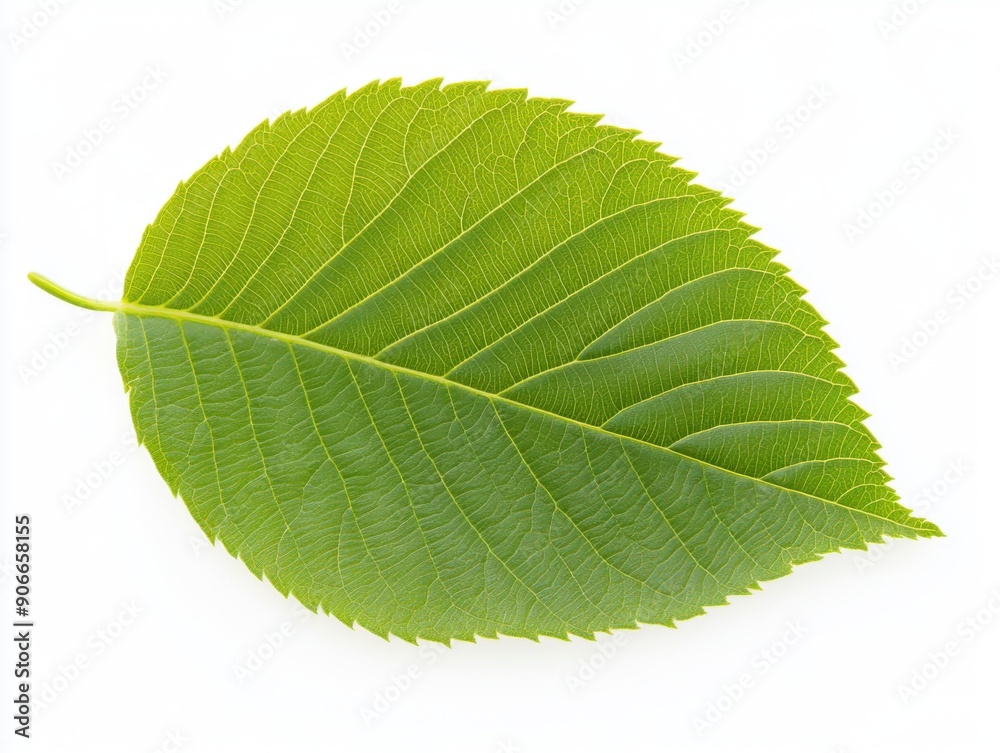 Vibrant green leaf captured in natural light on white background Vibrant green leaf captured in natural light on white background