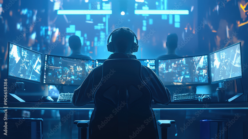 A lively and detailed photo of an e-sport player in an energetic atmosphere A lively and detailed photo of an e-sport player in an energetic atmosphere