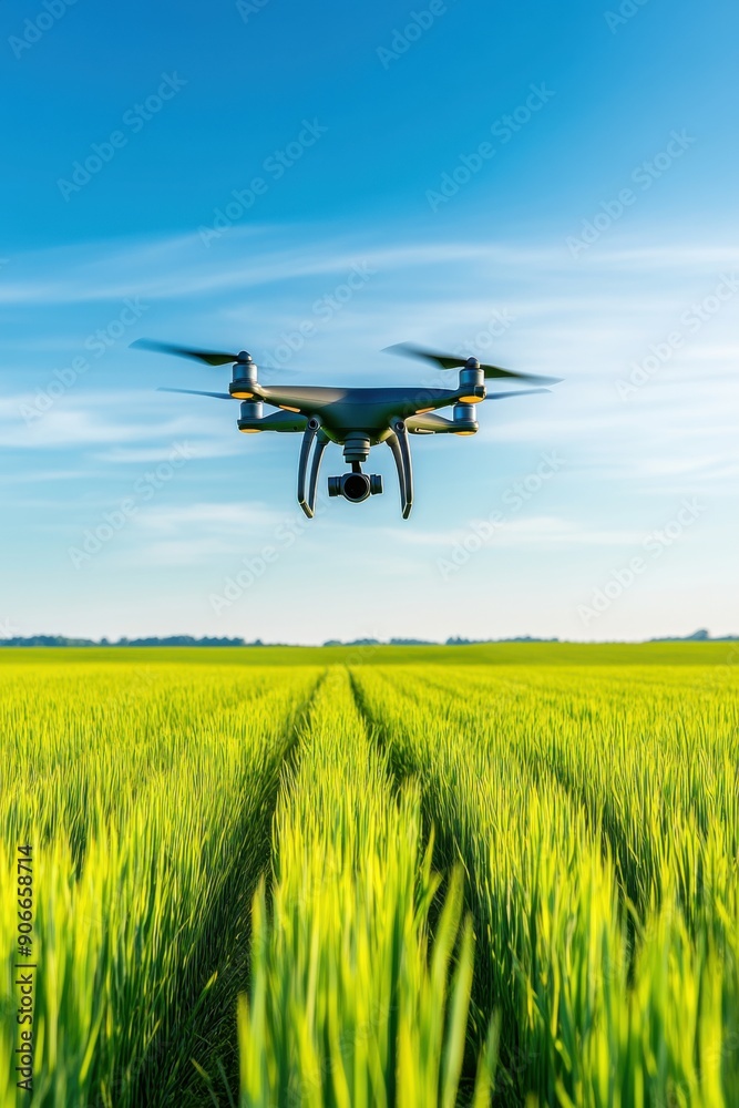 Drone aerial view over lush green rice field beneath clear blue sky at sunset Drone aerial view over lush green rice field beneath clear blue sky at sunset