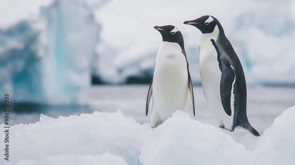 Obraz premium Penguins enjoying playtime in a glacial bay, icy landscape, natural habitat