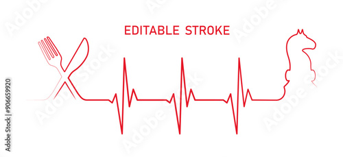 Editable lines dieting strategy illustration with fork, knife, chess piece. Heartbeat line art vector design to use for healthcare, weight loss, healthy lifestyle, healthy food, dieting projects. 