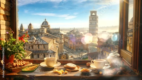 Two cups of steaming hot beverage with pastries on a windowsill overlooking a cityscape with a leaning tower.