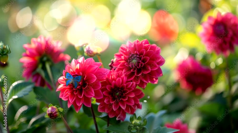 Vibrant pink dahlia flowers with a blue butterfly in a garden. Vibrant pink dahlia flowers with a blue butterfly in a garden.