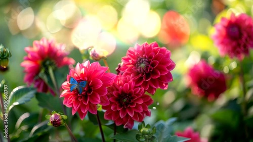 Vibrant pink dahlia flowers with a blue butterfly in a garden.