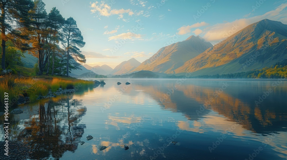 Stunning Sunrise Over Serene Mountain Lake with Reflections of Trees and Peaks in Tranquil Water Stunning Sunrise Over Serene Mountain Lake with Reflections of Trees and Peaks in Tranquil Water