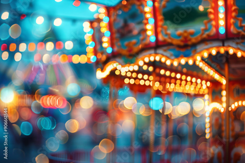 Fully blurred defocused background of an amusement park or state fair carusell, bokeh lights in the evening